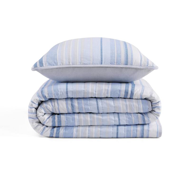 Tommy Hilfiger Bold Stripe Textured Cotton Reversible Blue Quilt Set