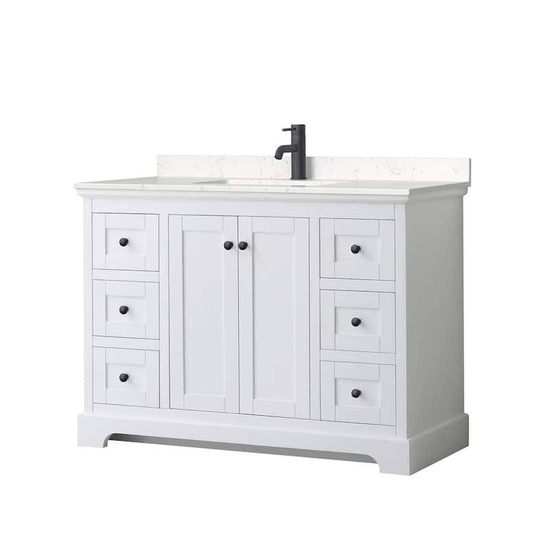 Wyndham Collection Avery 48" Free Standing Single Basin Vanity Set - White / Carrara Cultured Marble Top / Matte Black