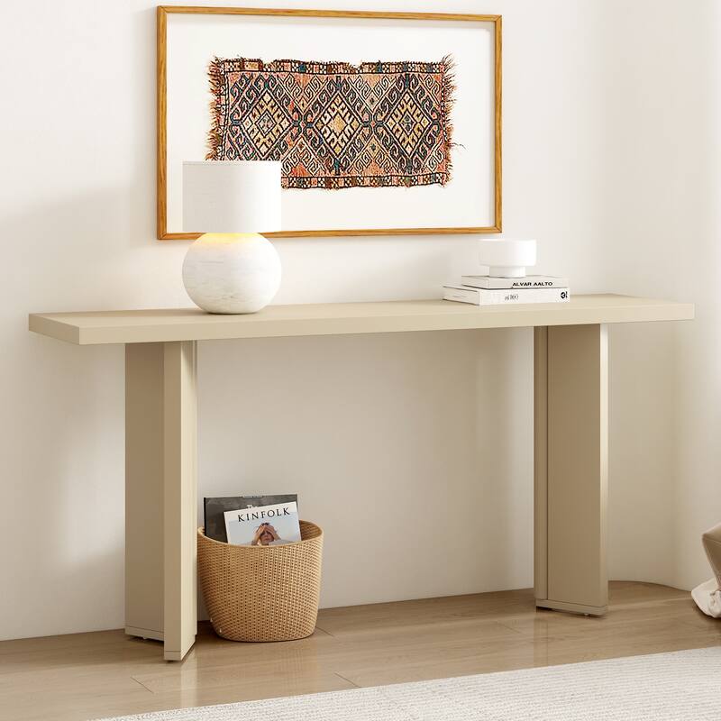 63 Inch Traditional Style Console Table with Pine Veneer and Geometric Legs - Natural