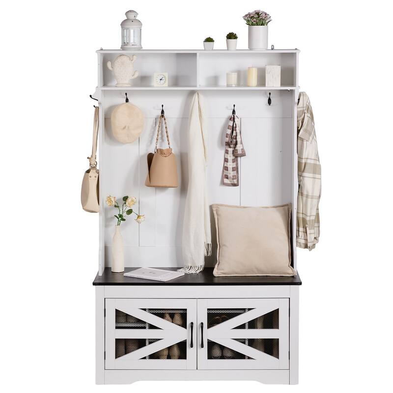 Hall Tree Bench with Shoe Storage and Hooks for Entryway or Mudroom - / 42.24” x 16.44” x 67.2”