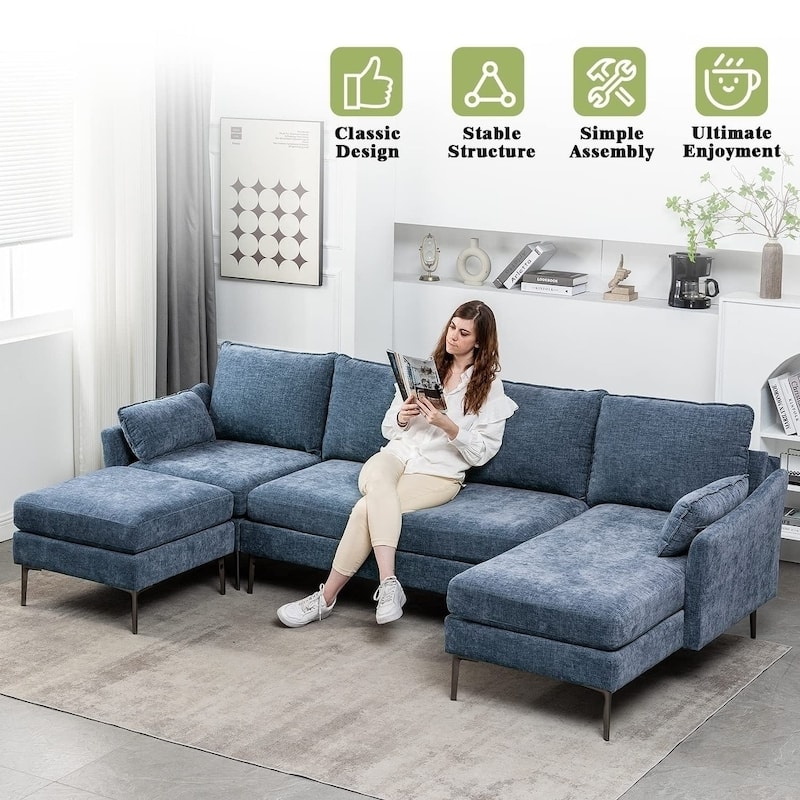 Modern Chenille Sectional Sofa with Reversible Chaise and Ottoman, Perfect for Living Rooms with Sleeper Function