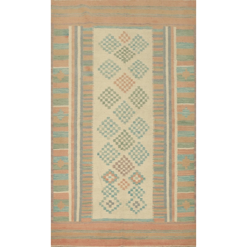 Hand Woven Oriental 100% Wool Carpet Southwestern Modern Beige & Ivories Kilim Area Rug - 6' 5'' X 4' 1''