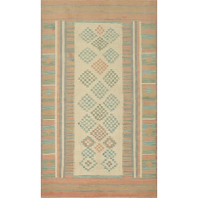 Hand Woven Oriental 100% Wool Carpet Southwestern Modern Beige & Ivories Kilim Area Rug - 6' 5'' X 4' 1''