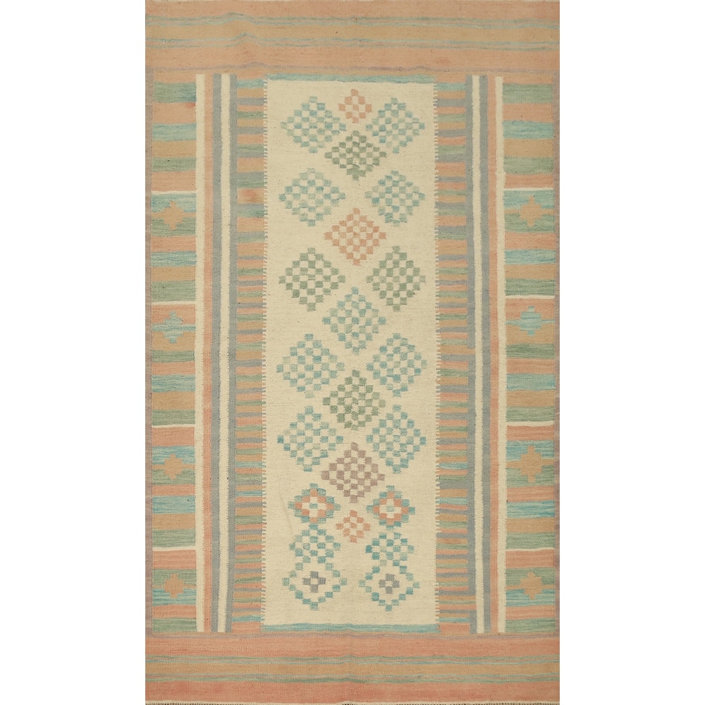 Hand Woven Oriental 100% Wool Carpet Southwestern Modern Beige & Ivories Kilim Area Rug - 6' 5'' X 4' 1''