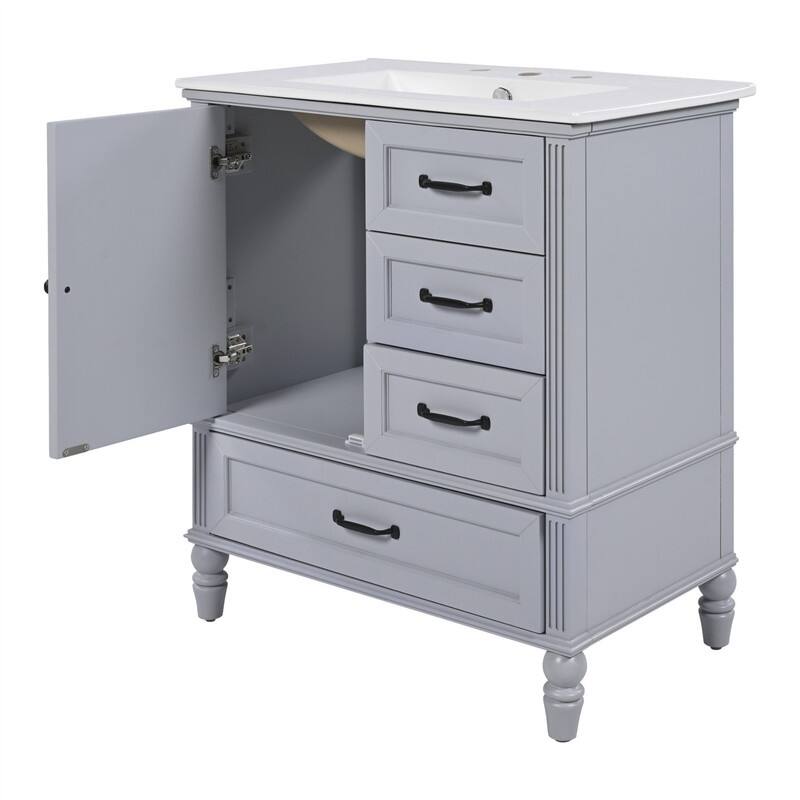 30" Bathroom Vanity with Ceramic Sink Combo, Freestanding Bathroom Vanity Cabinet with 1 Door and 3 Storage Drawers