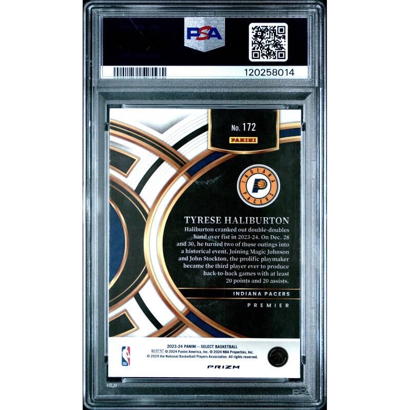 Tyrese Haliburton 2023 Panini Select Silver Prizm Basketball Card #172 Graded PSA 10 Cert # 120258014 - 8' x 11'