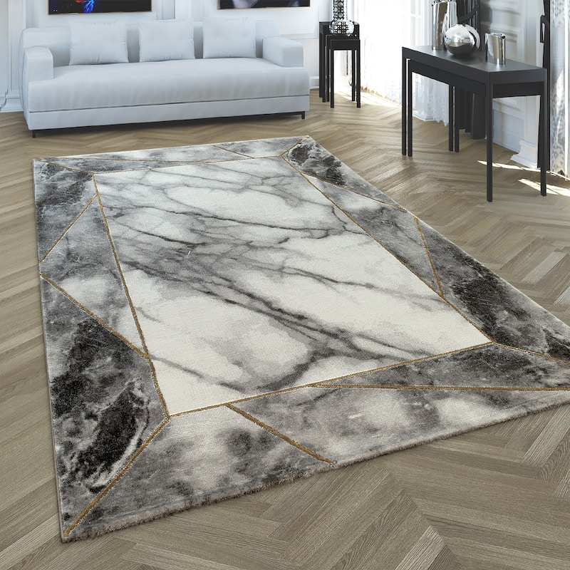 Grey Gold Cream Living Room Rug with Marble Pattern in 3D - 5'3" x 7'7"