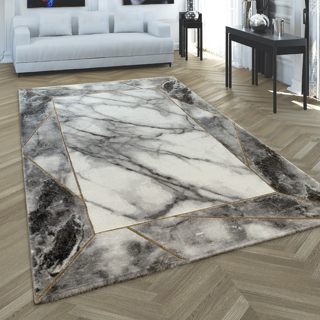 Grey Gold Cream Living Room Rug with Marble Pattern in 3D