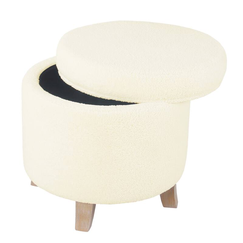 Loni 19 Inch Round Storage Ottoman in Soft Beige Faux Sheepskin with Wood Legs - Beige+Brown