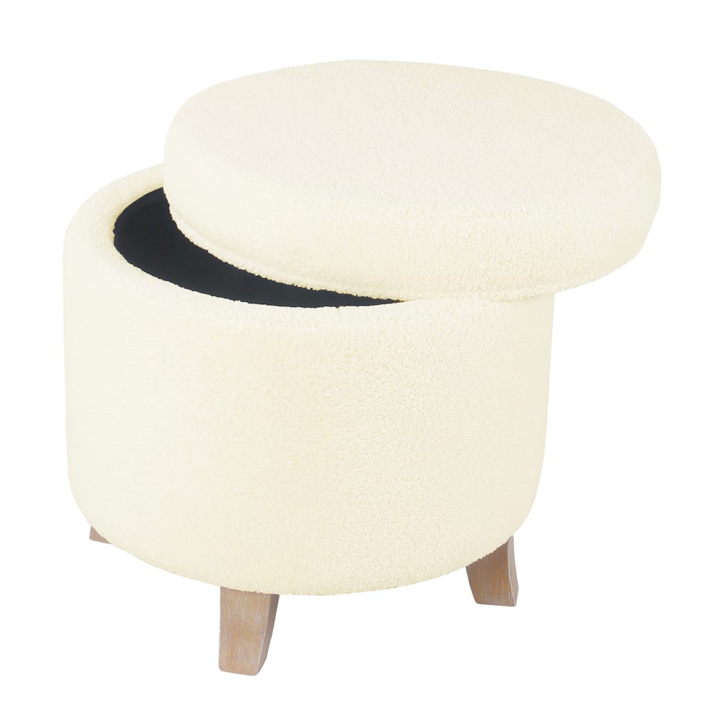 Loni 19 Inch Round Storage Ottoman in Soft Beige Faux Sheepskin with Wood Legs