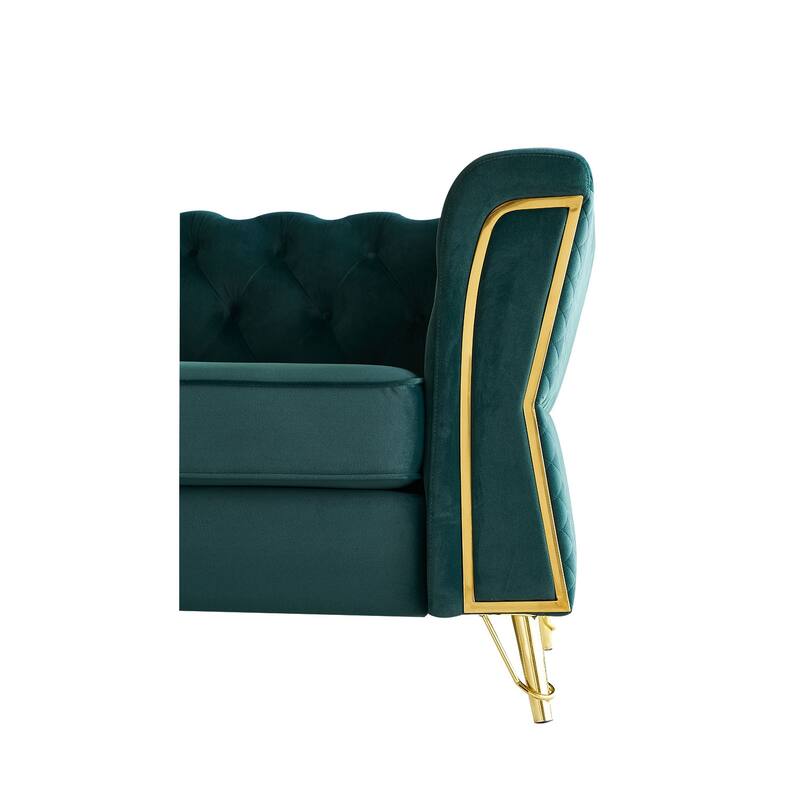 Tufted Velvet Sofa 87.4" - Flared Arms, Golden Frame