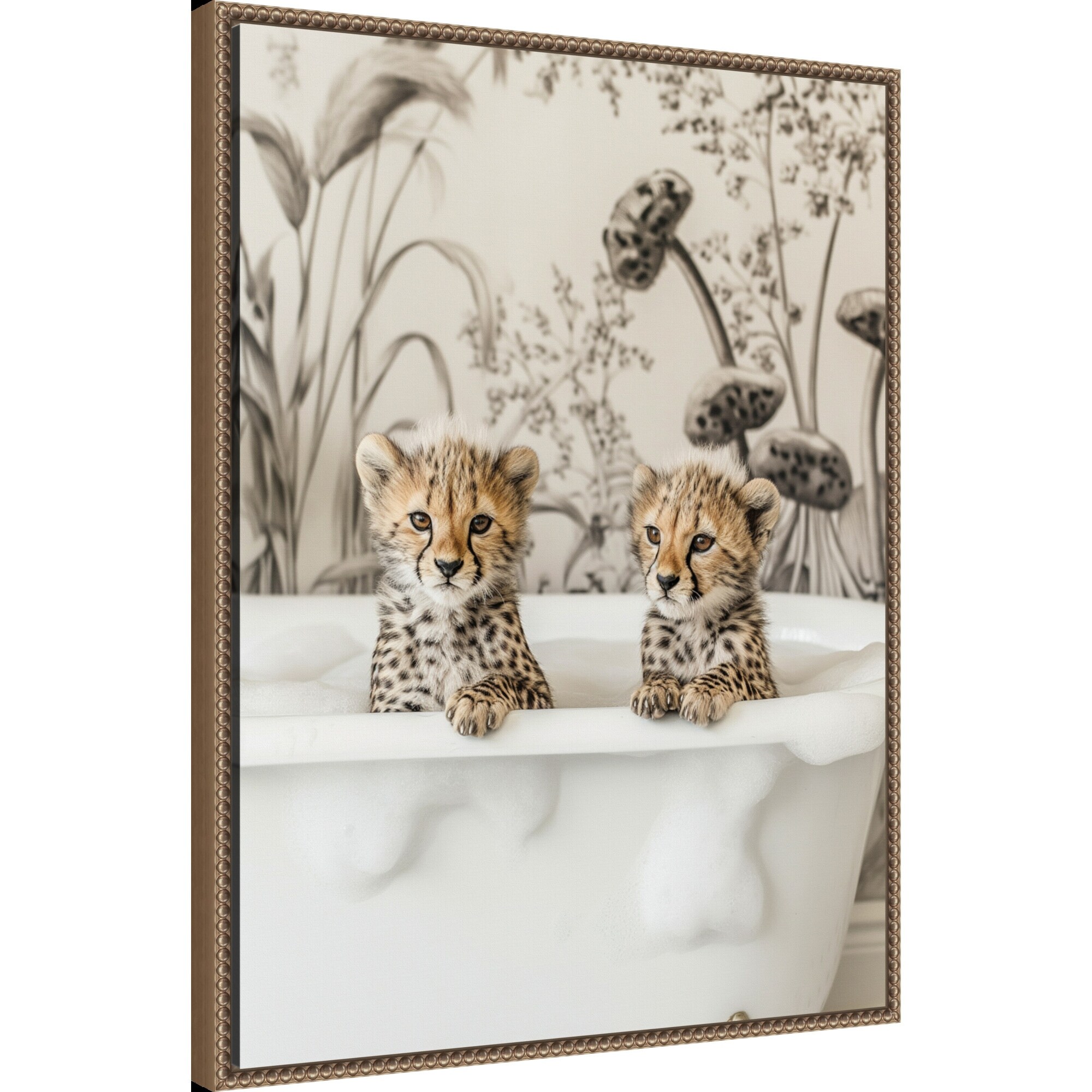 Cheetah Cub Bath by Niky Rahner Framed Canvas Wall Art - Overstock