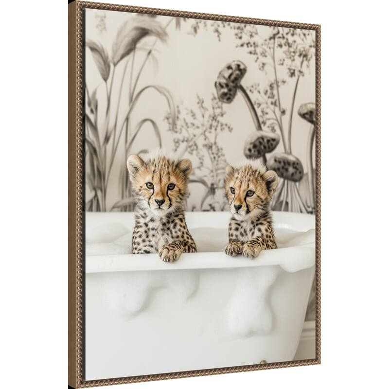 Cheetah Cub Bath by Niky Rahner Framed Canvas Wall Art