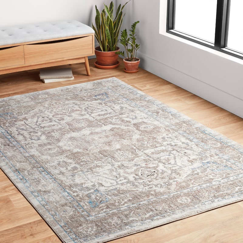 Alexander Home Adrian Distressed Medallion Traditional Area Rug - 9' 6" x 13' 3" - Ivory/ Stone - Rectangle