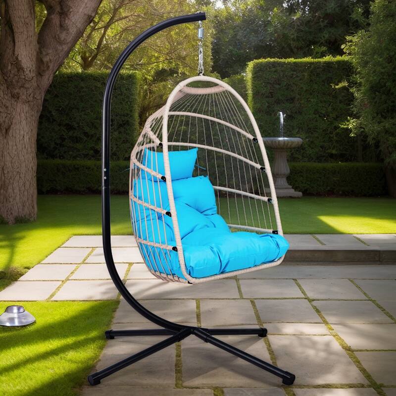Outdoor Egg Hanging Chair, Swing Chair with Stand & Aluminum-Steel Frame, Patio Rattan Wicker Hanging Swing Egg Chair