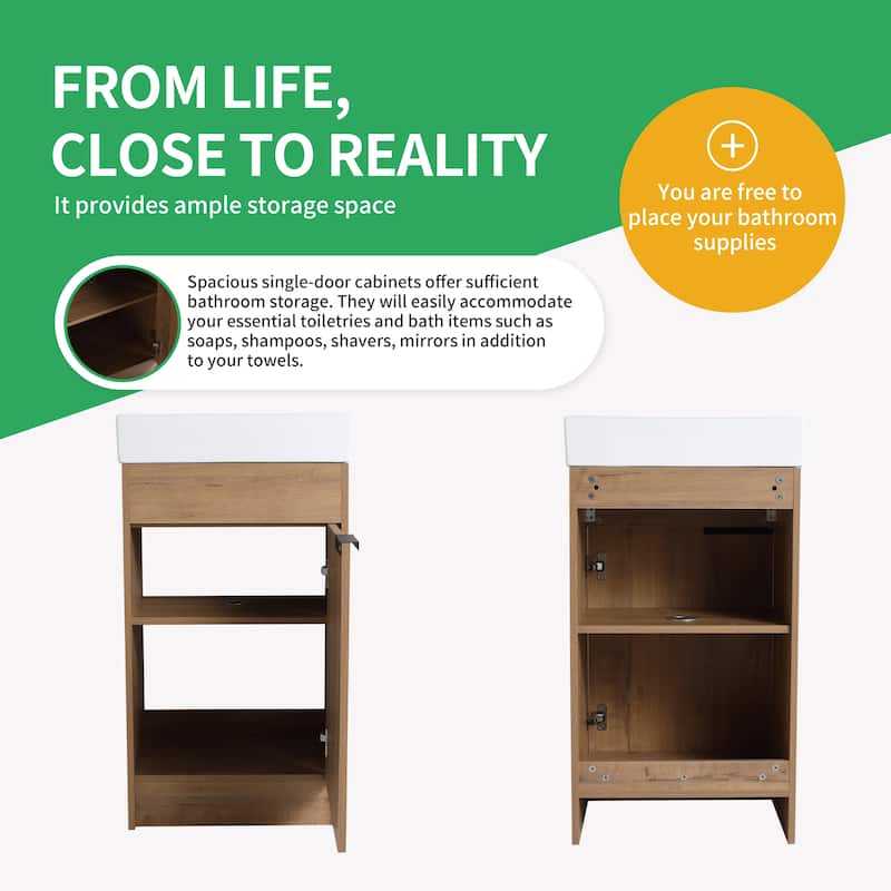 BNK 16/18 inch Freestanding Bathroom Vanity with Single Sink and Soft Close Door - 19"W x 15"D x 34.6"H - Imitative Oak