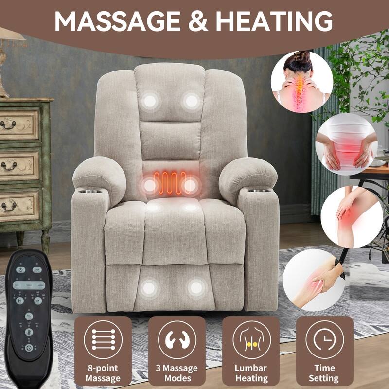 Large Power Lift Recliner with Massage & Heat - Heavy Duty Wide Recliner Chair for Elderly, USB/Type-C Charging, Cup Holders