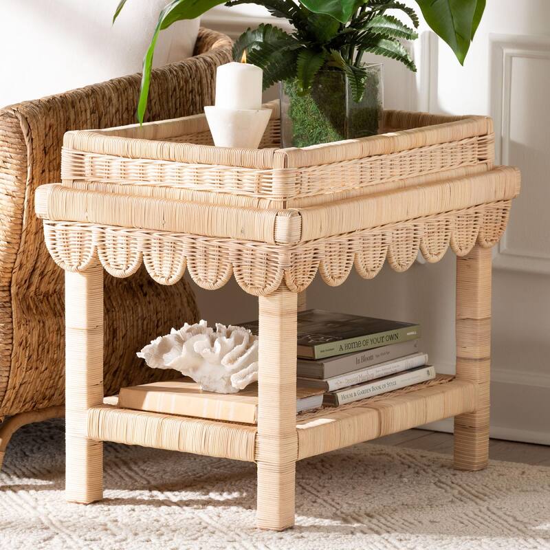 Weyman Scalloped Rattan End Table with Removable Tray Top - Handwoven Rattan Accent Table with Shelf, Coastal Boho Style