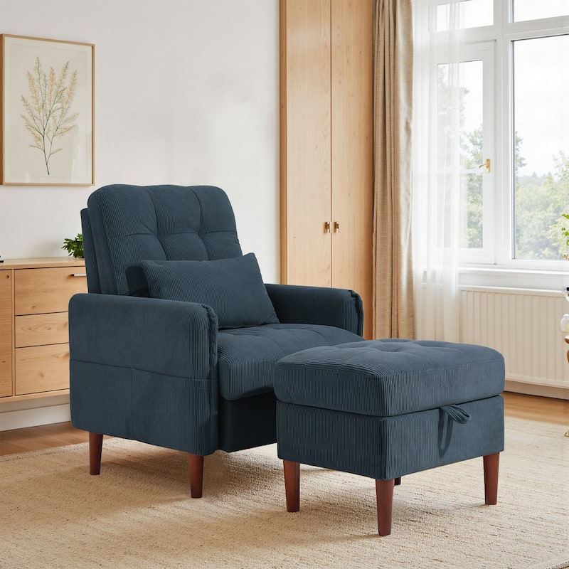 Adjustable Backrest Lounge Accent Chair Set with Storage Ottoman - Navy