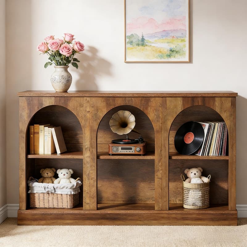 63" Rustic Arched Console Table with 3-Tier Open Shelving