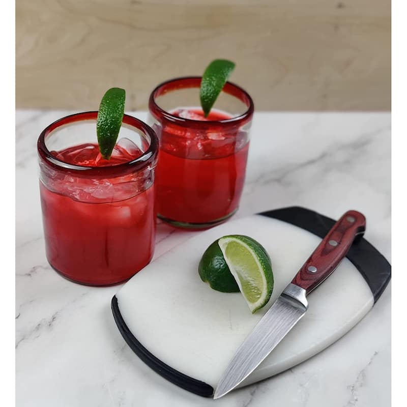 Dos Sueños Hand Blown Mexican Drinking Glasses - Set of 6 Red Rim Tumbler Glasses (10 oz each)