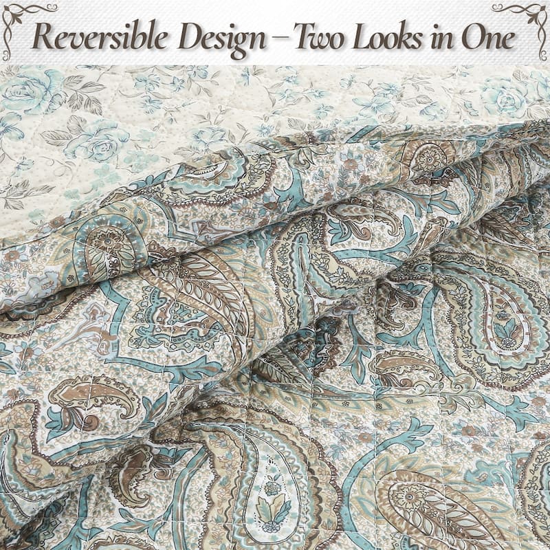 Cozy Line Aquamarine Turquoise Tan Brown Paisley 3 Piece Cotton Queen Quilt Bedding Set