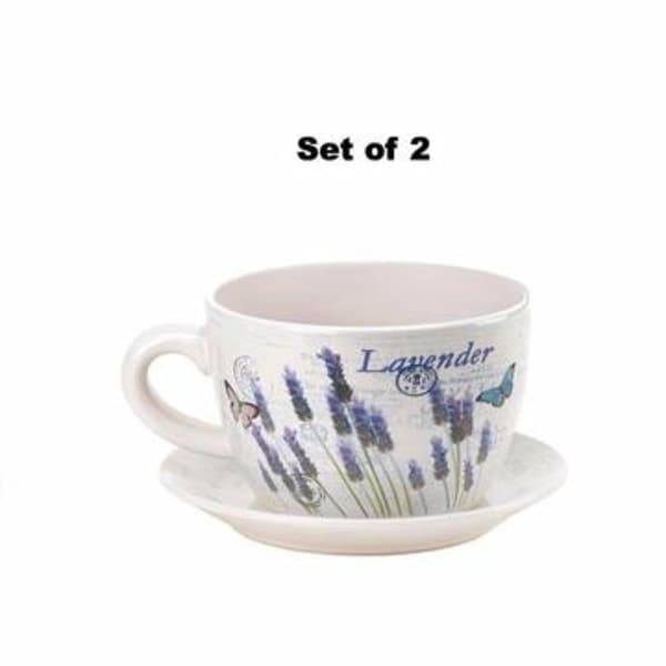 Set of 2 Lavender & Butterfly Theme Teacup & Saucer Planters