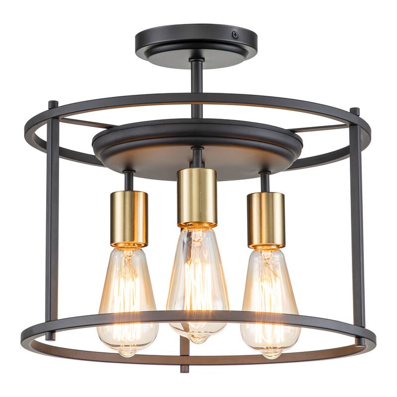 3-Light Black and Gold Drum Cage Semi Flush Mount Light - Black and Gold