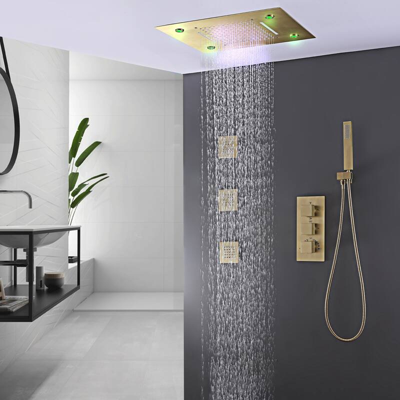 LED 4-Way Complete Rain and Waterfall Shower System with 3 body Jets & High-pressure Handheld, Ceiling Mounted
