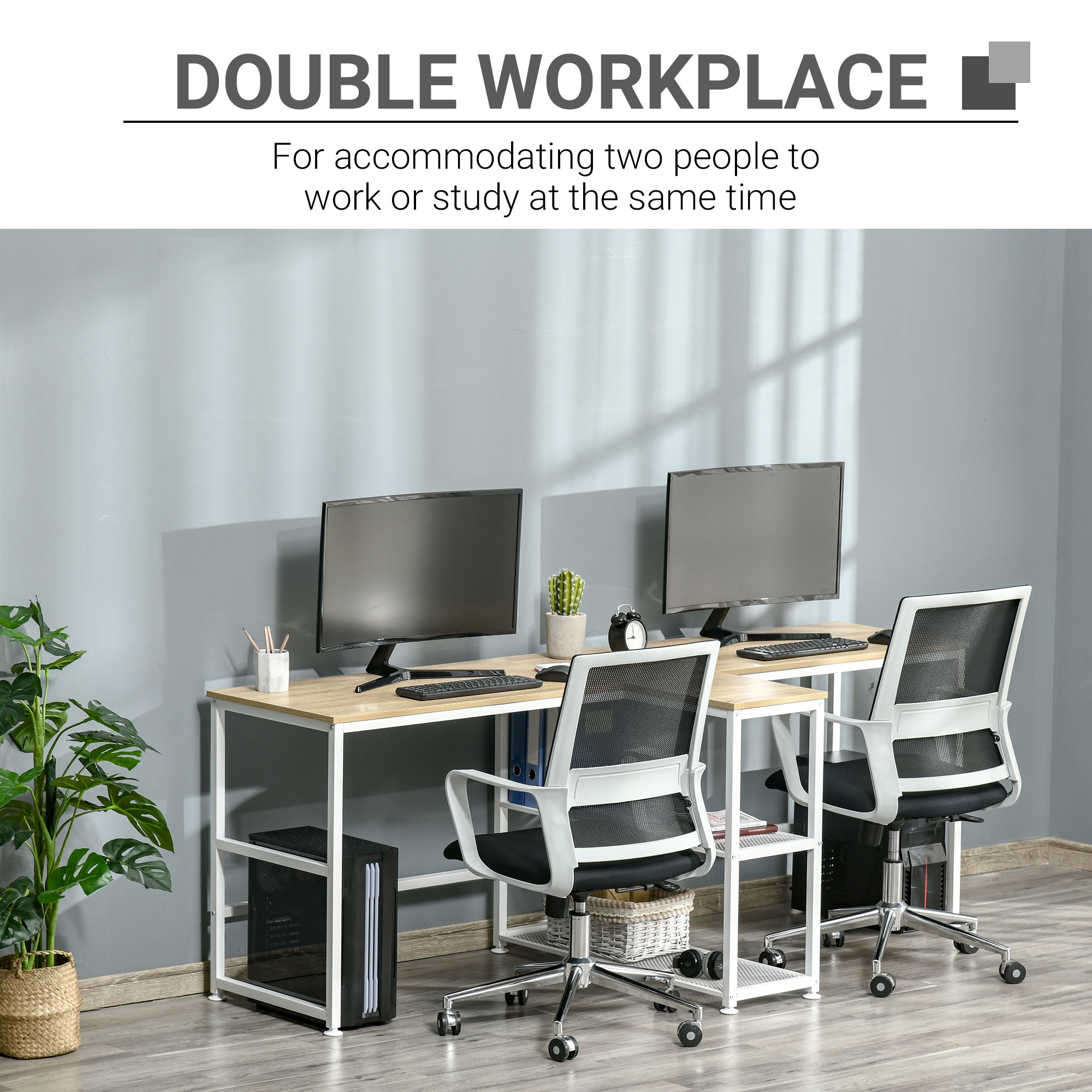 HOMCOM 83 Two Person Computer Desk Workstation with Middle Armrest Shelf and 2 Storage Shelves Dark Walnut