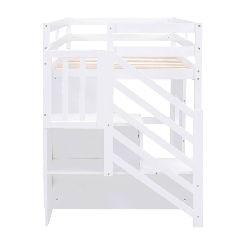 Twin Size Low Loft Bed with Storage Staircase and Window, Wooden Loft Bed Frame with Full Length Guardrail and Slat Support
