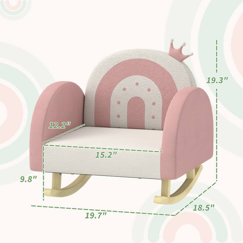 Pink Toddler Rocking Chair with Velvet Seat and Rainbow Pattern Crown Decoration for Bedrooms or Playroom