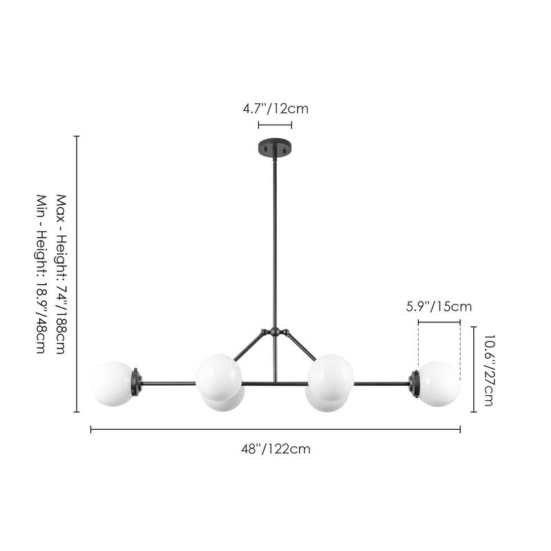 6-Light Dimmable Modern Metal & Glass Pendant Light with Adjustable Rods for Dining Room