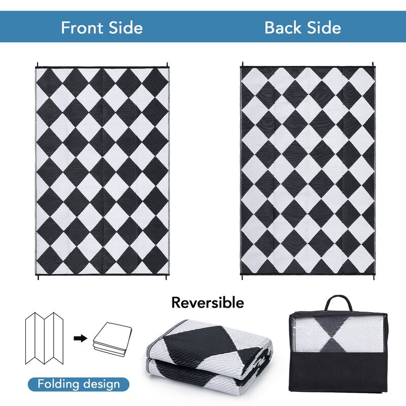 Outdoor Rug Waterproof Reversible Rug Plastic Straw Rug Checkered Floor Mat Outside Carpet for Camping RV Backyard Patio