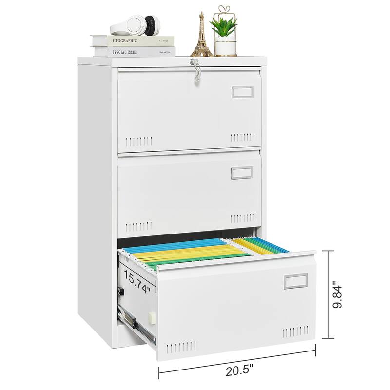 Modern File Cabinet Lateral File Cabinet Metal File Cabinet with 3 Drawers and Lock for Home Office, White