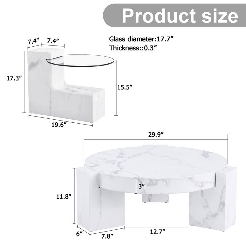Fashionable Marble Textured MDF Coffee Table with Side Table, Versatile for Living Room and Bedroom