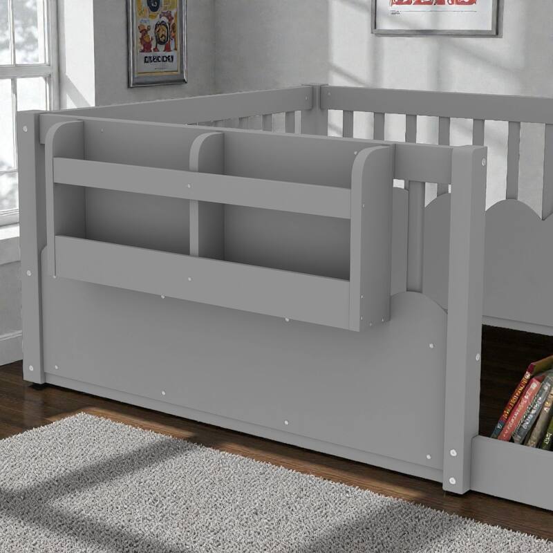 Twin Floor Bed with Heightened Fence and Bookshelf, Wooden Montessori Floor Bed for Kids, Low Profile Design