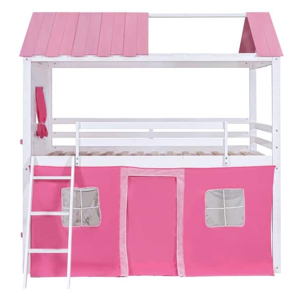 slide 2 of 25, Full Size Playhouse House Loft Bunk Bed with Tent, Windows, Ladders White+Pink - Full