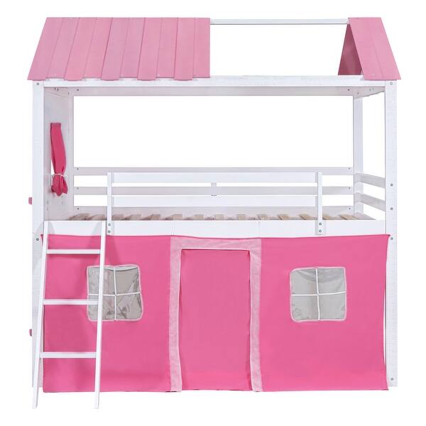 slide 2 of 18, Playhouse Design Impression & Beautiful Full Size Bunk Wood House Bed with Elegant Windows, Sills and Tent Pink+White