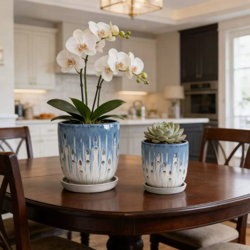 Anmytek Handmade Ceramic Planter Set of 2 Blue White - White and Blue