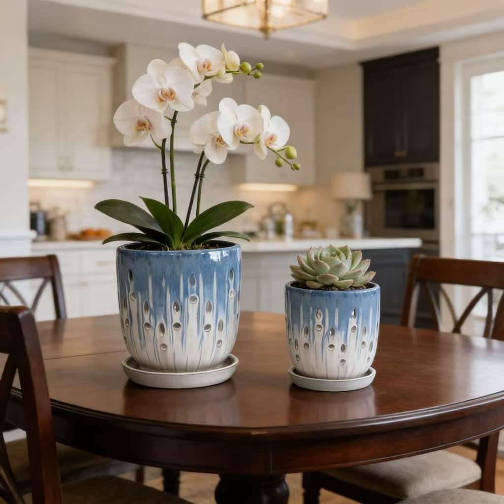 Anmytek Handmade Ceramic Planter Set of 2 Blue White