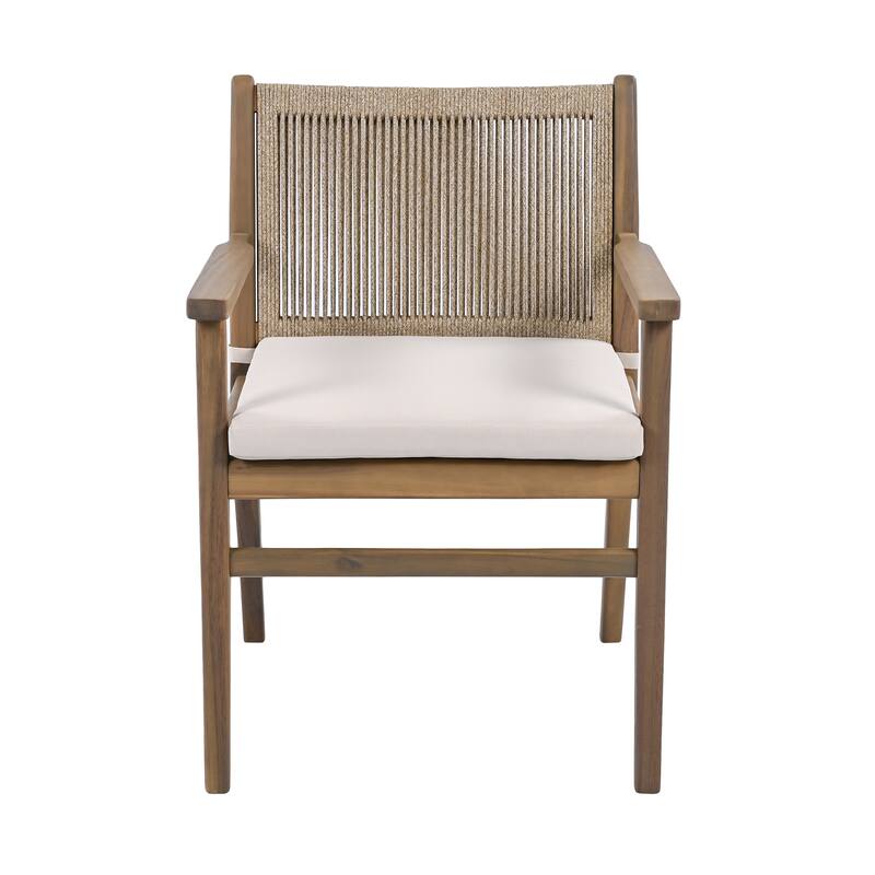 Roomfitters Outdoor Dining Chairs Set of 2, Acacia Wood Armchairs with Rope Back and Cushions, Patio Seating