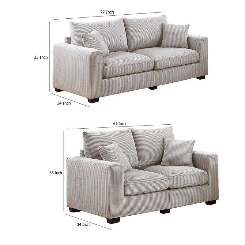 Jesica 2pc Loveseat Sofa Set, 2 Accent Pillows, Ivory Corduroy Fabric