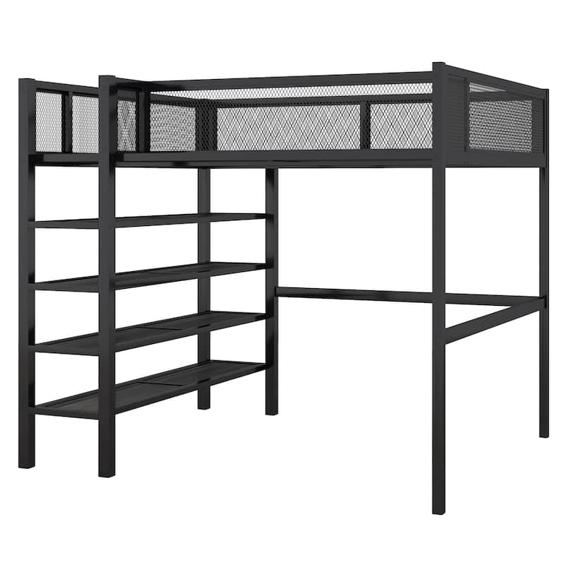 Metal Loft Bed with Shelves, Workstation, Guardrail