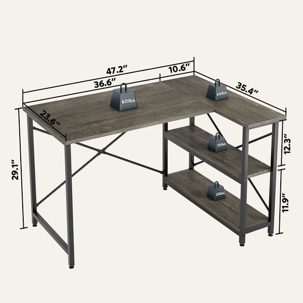 dimension image slide 11 of 13, Small L Shaped Desk with Storage Shelves Corner Computer Desk