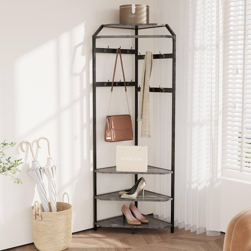 Corner Coat Rack With Shoe Bench Entryway, Corner Hall Tree With 6 Double Hooks - Grey