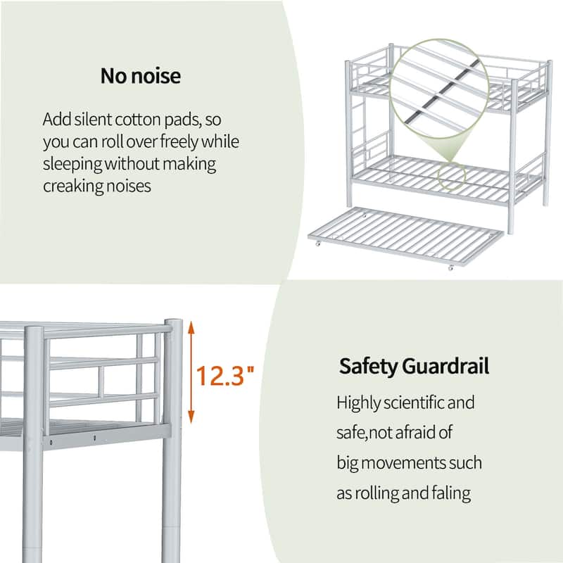 Heavy-duty Sturdy Meta Twin over Twin Bunk Bed, Noise Reduced,Safety Guardrail,No Box Spring Needed