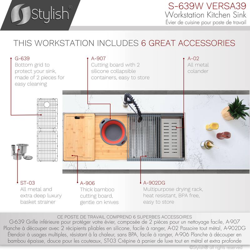 STYLISH 39 inches Workstation Single Bowl Undermount 16 Gauge Stainless Steel Kitchen Sink with Accessories included