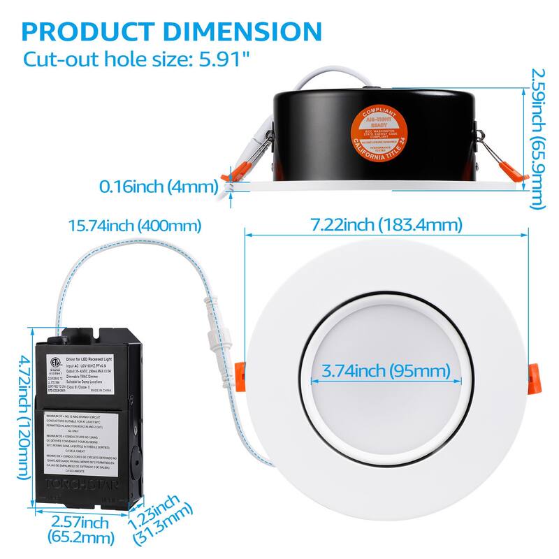 4 Pack 13.5W 6 Inch Dimmable Slim Gimbal LED Recessed Light, CRI90