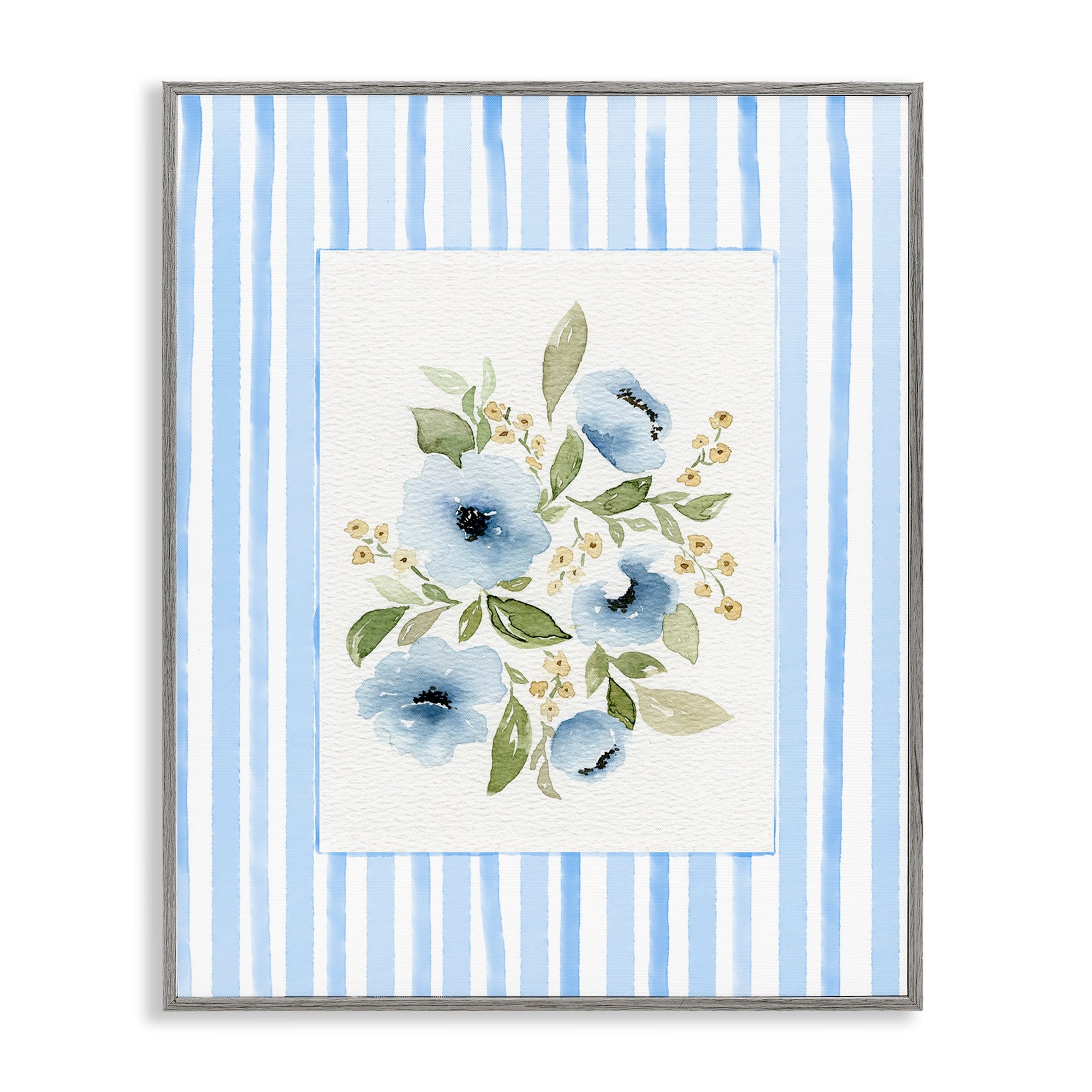 Stupell Flowers with Blue Stripes Framed Giclee Art Design By Leah Noel Art